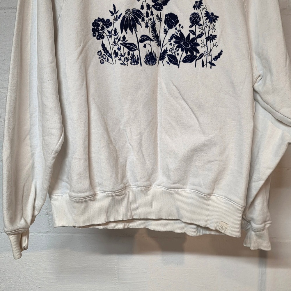 American Eagle Women Med Cream Floral Graphic Raglan Pullover Sweatshirt AE Logo - Picture 9 of 12
